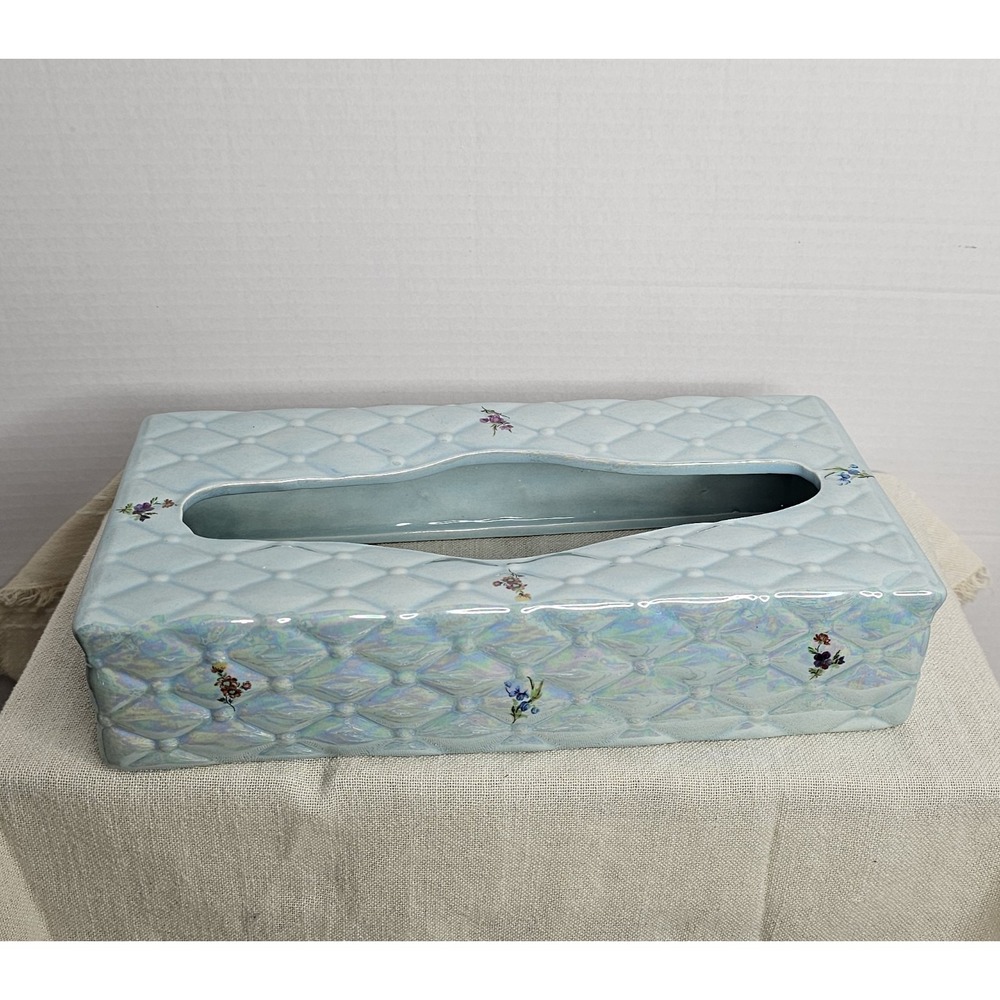 Vintage Ceramic Tissue Box Cover LightBlue Quilted Diamond Tufted Pattern Floral